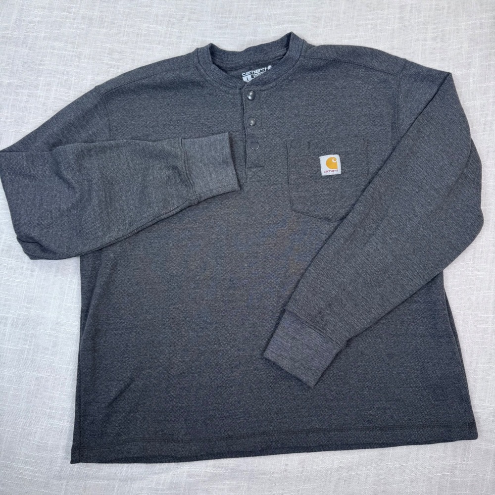 Carhartt Henley Pullover Men L Gray Waffle Knit Long Sleeve Workwear Basic Layer
